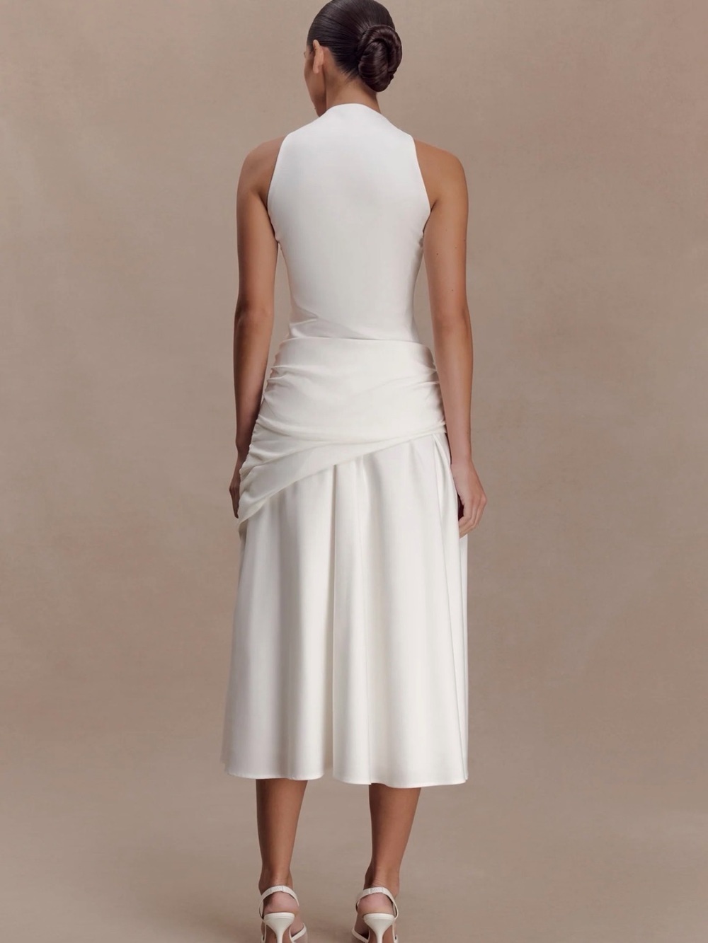 EMILY Wrapped Waist Midi Dress White NWT Size L Elegant High Neck Occasion Dress - Picture 2 of 3